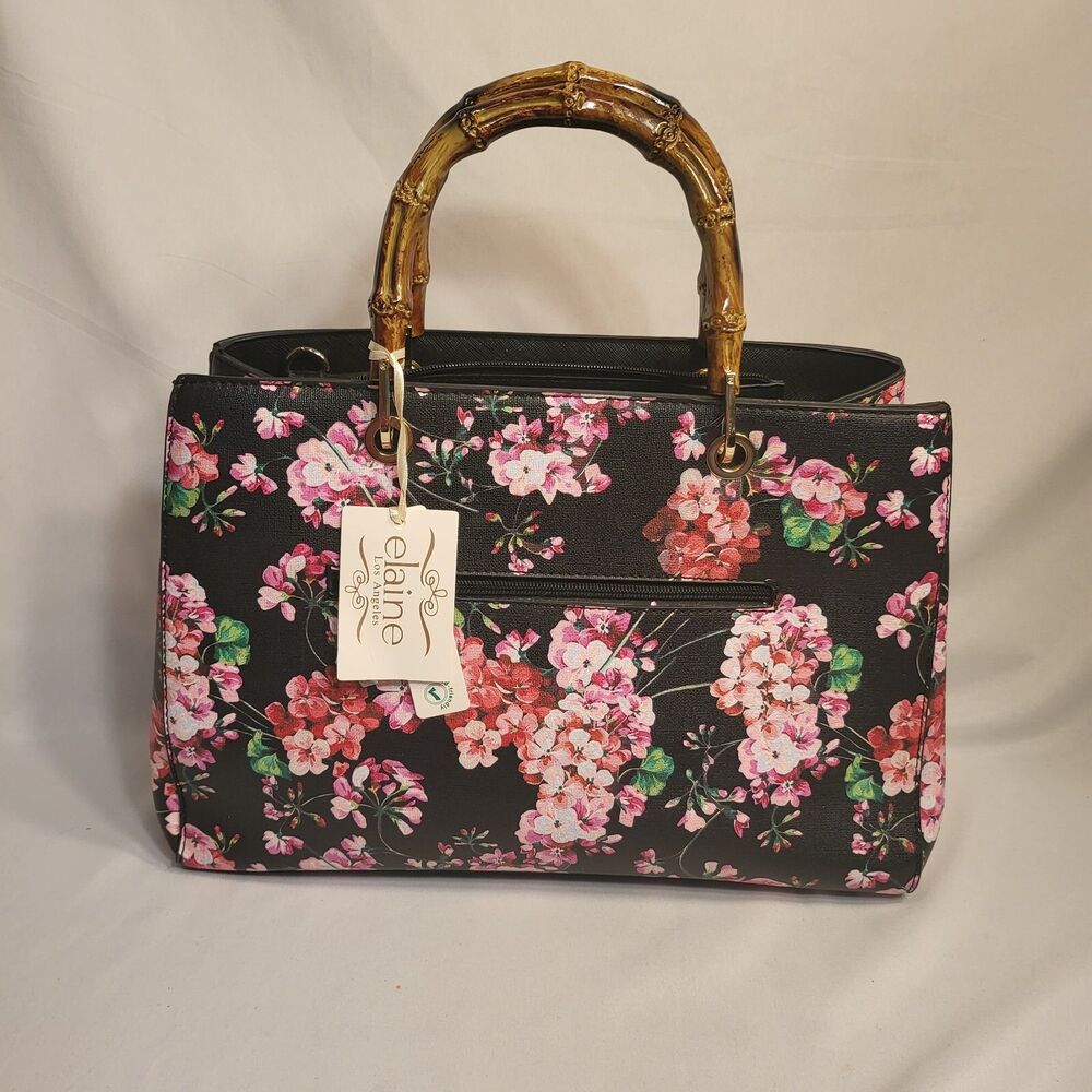 NEW ELAINE LOS ANGELES  BLACK FLORAL TOTE BAG PURSE